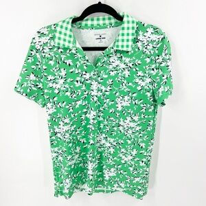 ✅Draper James Lands End Supima Polo Size MEDIUM 10-12 green gingham floral shirt